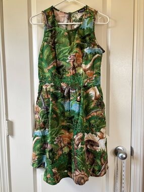 Retrolicious Dinosaur Print Fit & Flare Sleeveless Cotton Knee Length Dress M